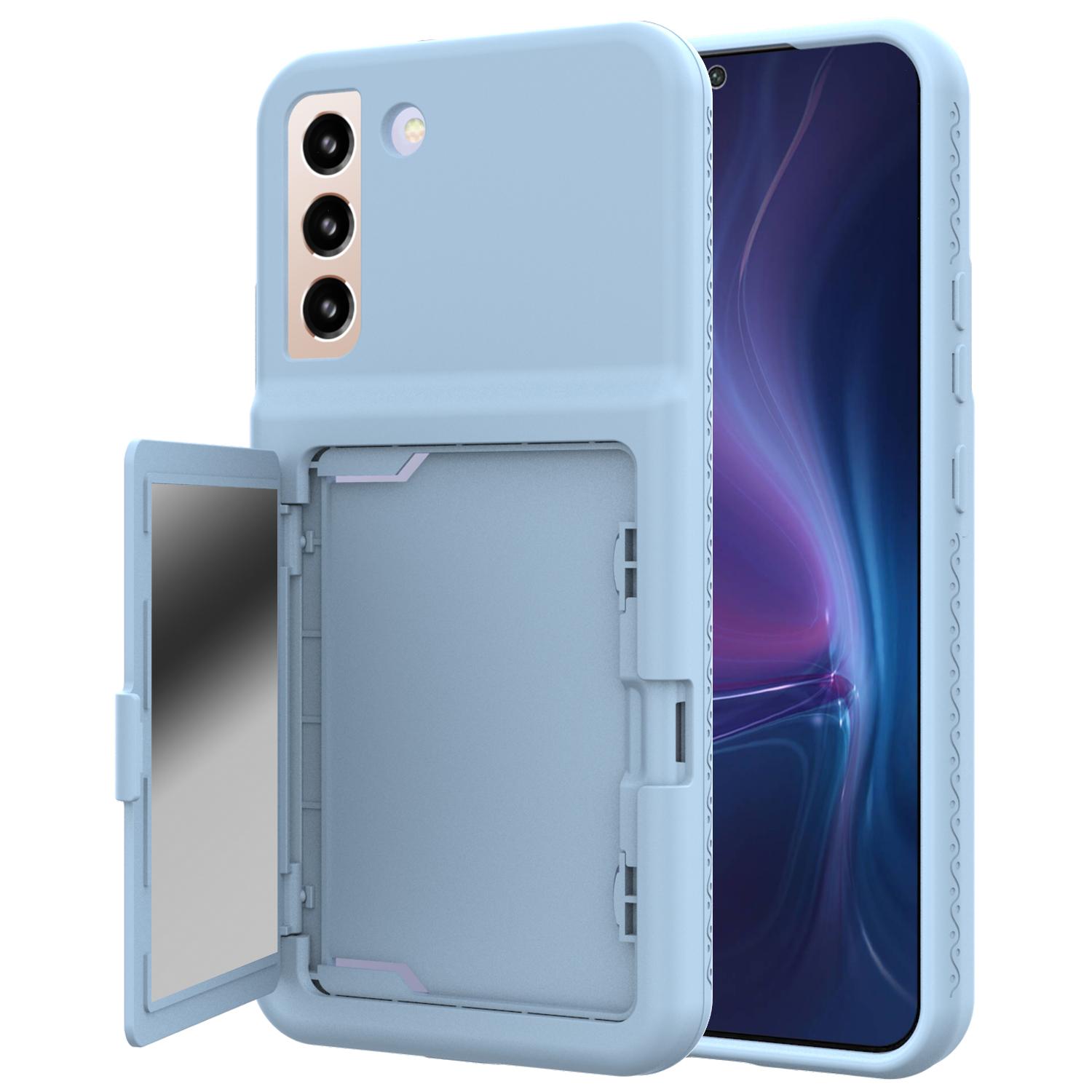 

For Samsung Galaxy S22 5G Cardcase Series Card Holder Kickstand Case Thickened PC+TPU Phone Cover with Mirror Baby Blue