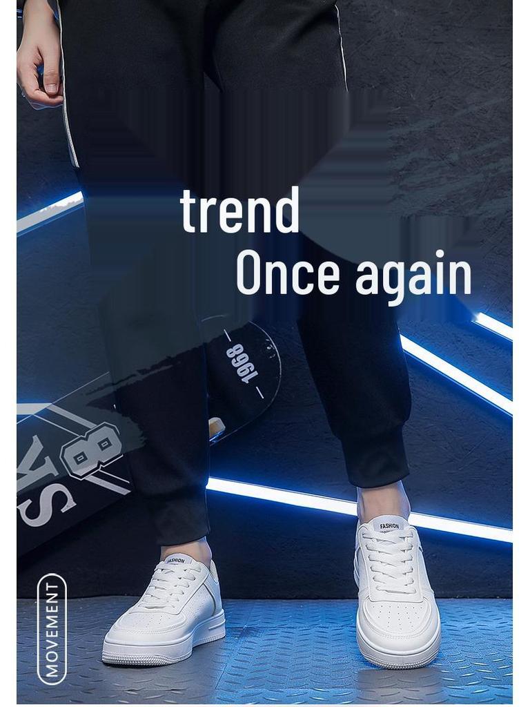 Men's Spring White Breathable Sneakers: Trendy Korean Style, Thick Sole Sports & Casual Footwear for Students.