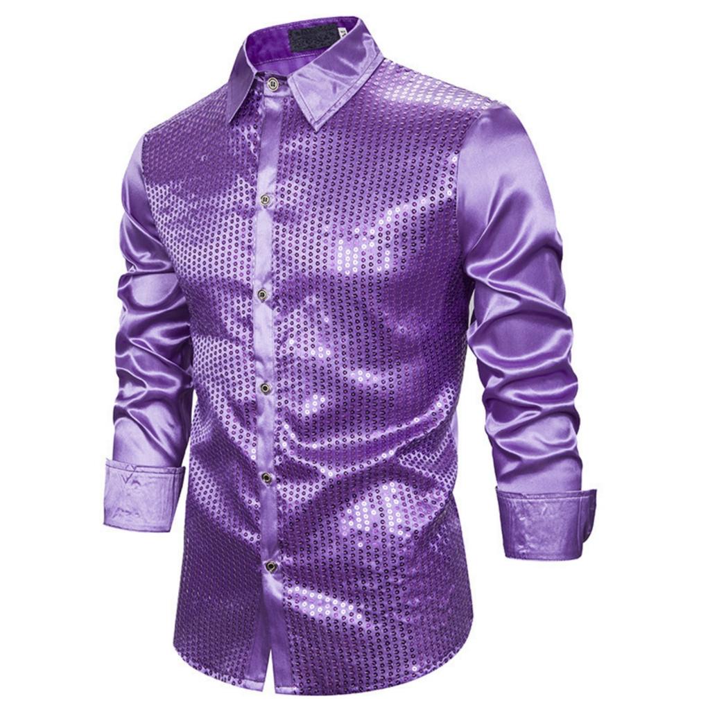 Men's Casual And Fashionable Lapel Gold-embossed Sequined Top, Men's Lapel Long-sleeved Button-down Shirt