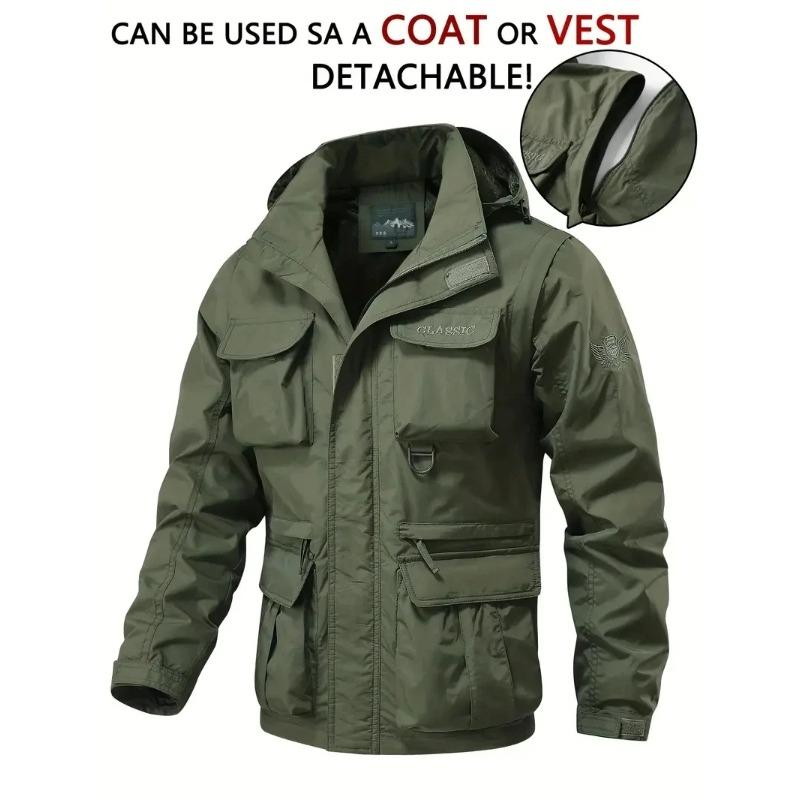 Winddichte Kapuzenjacke Herren Casual wasserdichte Multi-Bag-Cargojacke Weste Geeignet für Outdoor-Aktivitäten