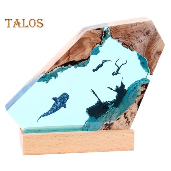 

Настольная лампа из смоляного дерева с питанием от USB, ручная работа, глубоководная пещера дайвера, затонувшее судно, акула, кит, океанское искусство, настольная лампа, статуэтка, украшение для дома и офиса A