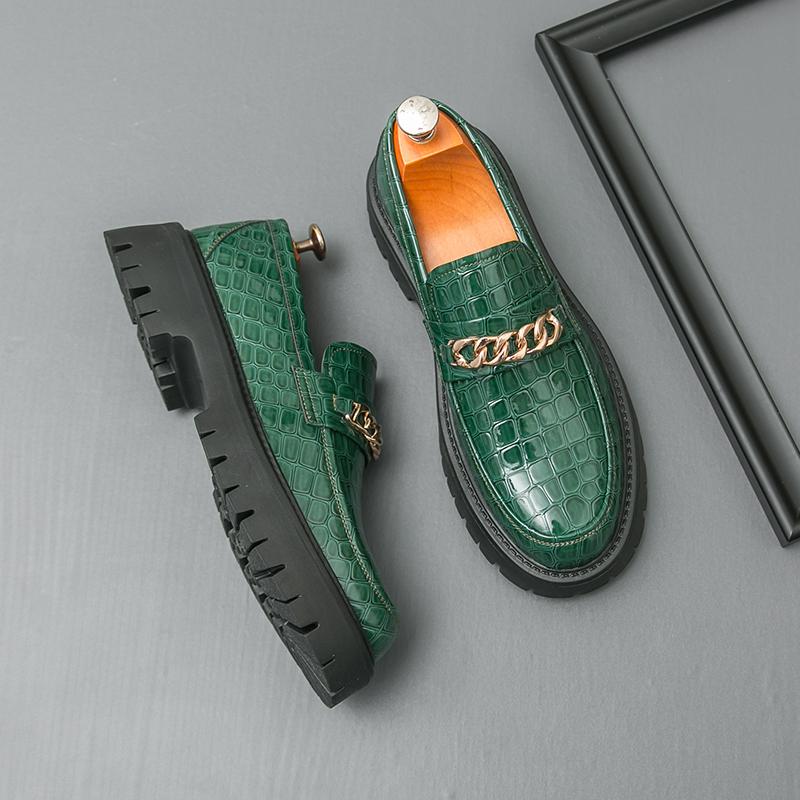 Fashion Advanced Green Korean Style Thick Bottom Crocodile Leather Casual Slip on Non-slip Metal Buckle Decoration Men's Loafer Shoes