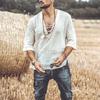 Camicia Casual da Uomo in Cotone e Lino a Manica Corta con Scollo a V e Laccio T-shirt Bohemian Vintage Top Estivo da Spiaggia