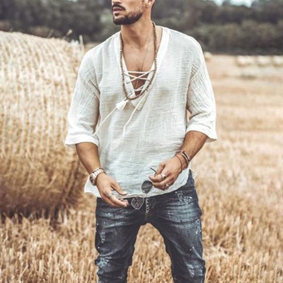 Camicia Casual da Uomo in Cotone e Lino a Manica Corta con Scollo a V e Laccio T-shirt Bohemian Vintage Top Estivo da Spiaggia