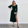 2024 European & American Women's Sexy Slit Velvet Dress with Square Neck & Puff Long Sleeves