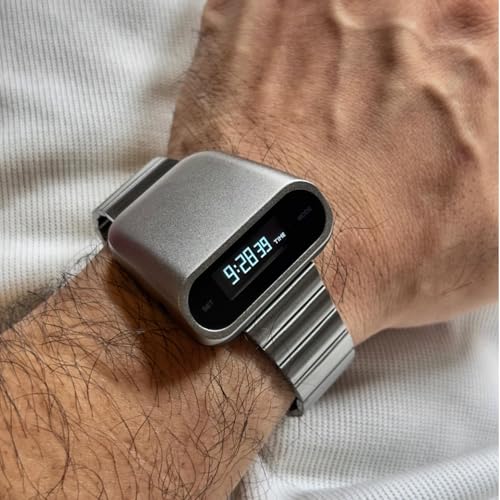BENLY DESIGN Unique Metal Digital Wristwatch for Men with OLED Display, Raise to Wake Function, Stainless Steel Strap, Silver, Retro Vintage Style