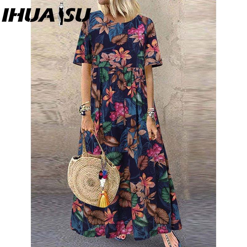 

IHUASU Женская мода Лето Весна Однотонный принт Короткий рукав Круглый вырез Высокая талия Повседневные платья XXXXXL темно-синий