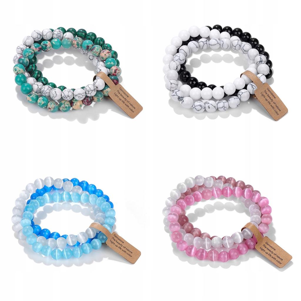 Set of 3 Bracelets 8mm Natural Stone White Howlite Purple Agate Lilac
