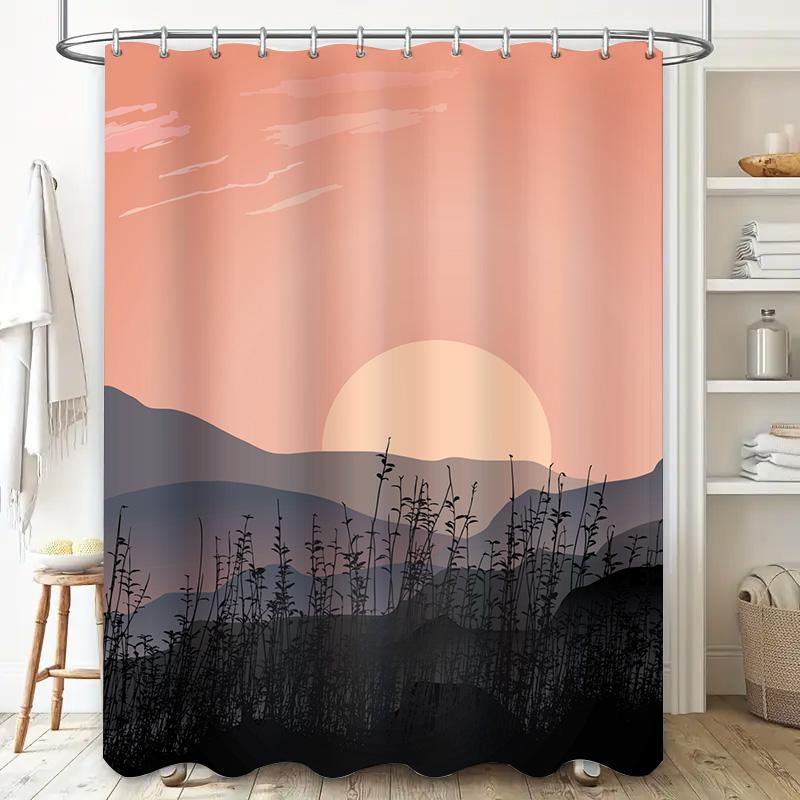 Sunset-themed shower curtain with black silhouette plants for modern bathroom decor peach pink color (59 x 72 inches)