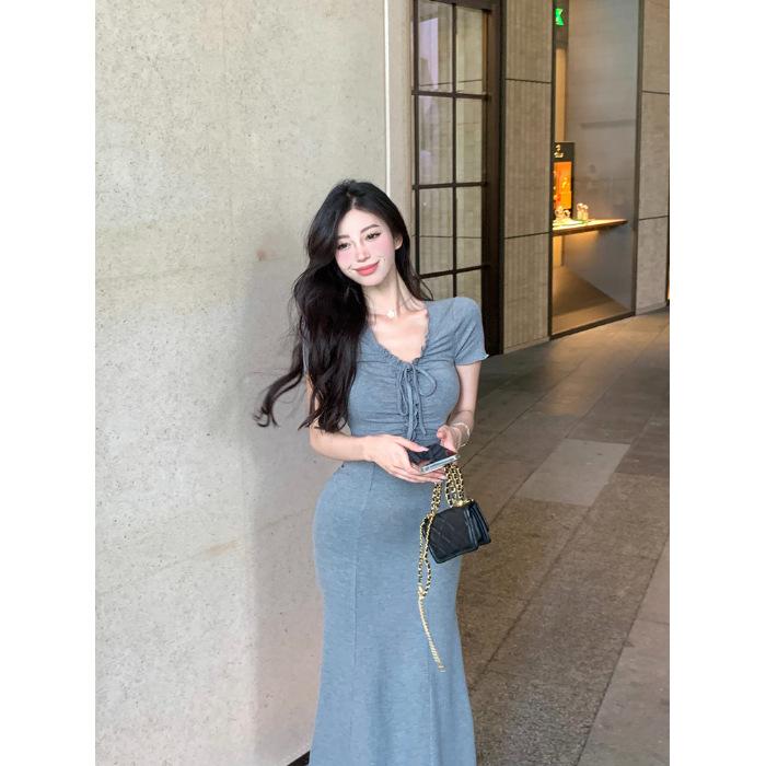

Pure desire Spice Girl Skinny Temperament High Sexy Hip Wrap Long Dress Waist Slim Fit Holiday Wind Fish Tail Dress Female Summer XL сірий колір