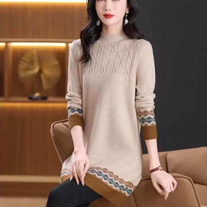 Mid-length Knitted Sweater for Women Half Turtleneck Sweater Thick Pullover Loose Top