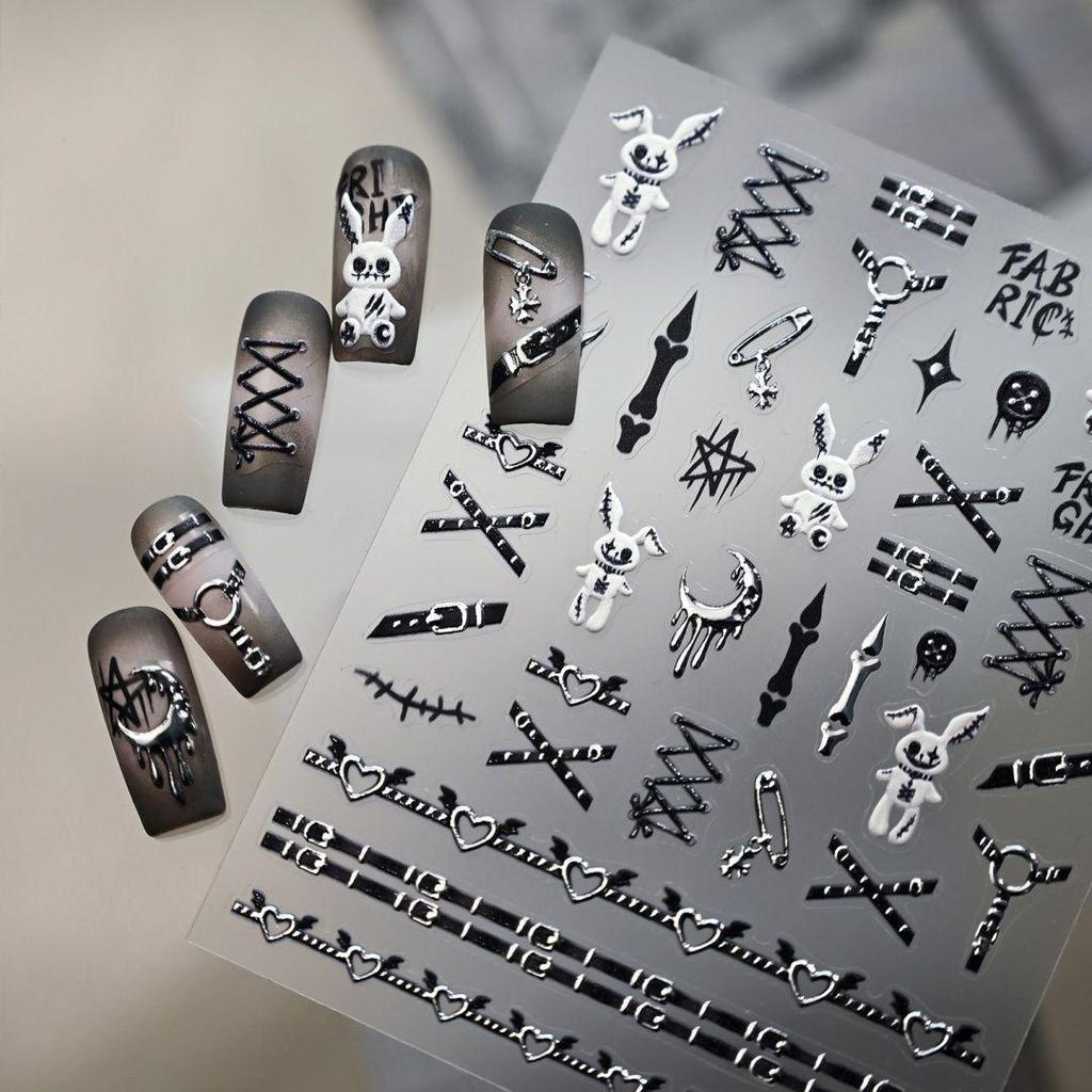 Dark Stitched Horror Rabbit Nail Stickers - DIY Liquid Metal Moon and Cross Design
