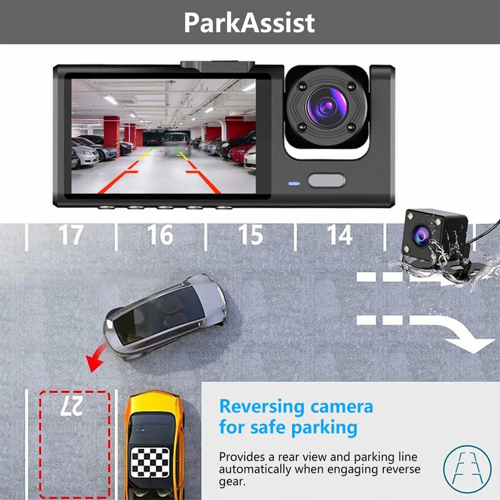 S1 Front + Rear + Interior 3 Lens Wide Angle 1080P HD Car DVR Dash Cam with Parking Monitor