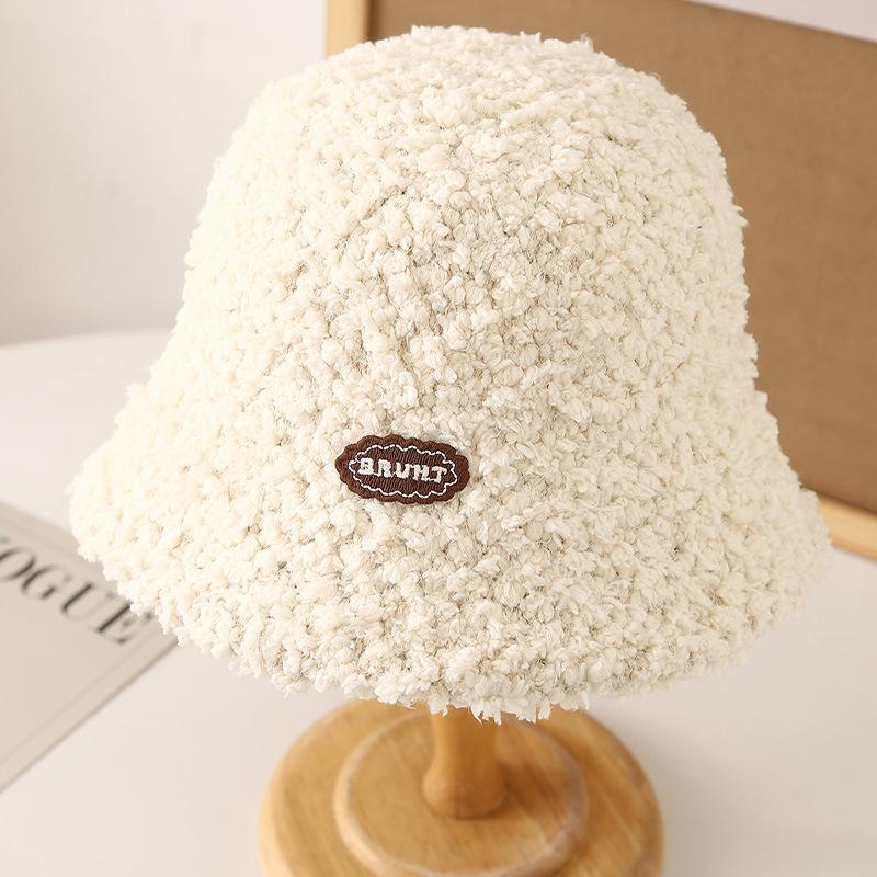New autumn and winter solid color knitted bucket hat women's outdoor warm and cold lamb wool simple labeling basin hat