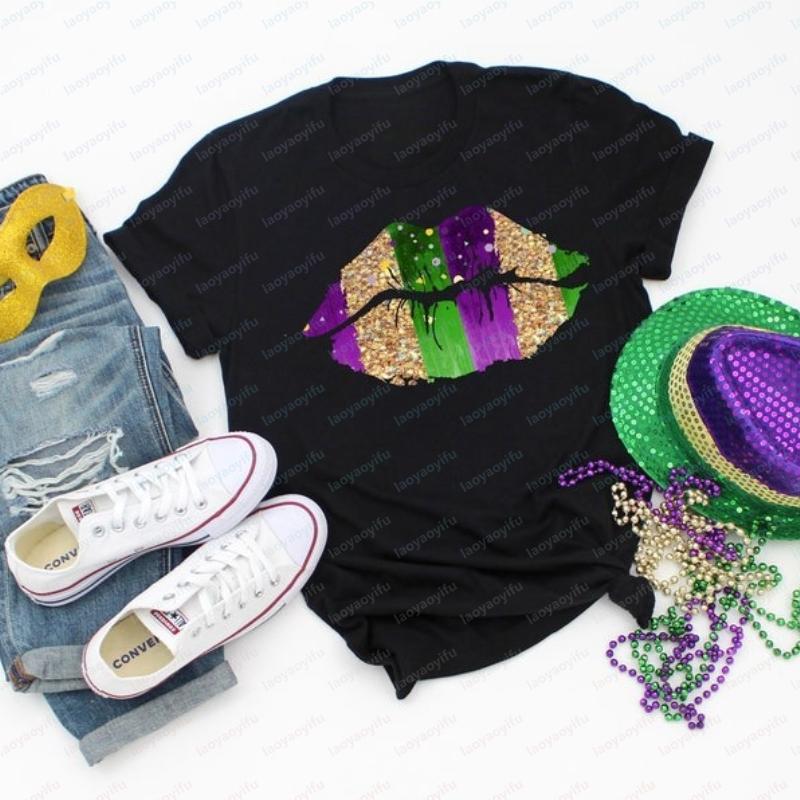 Mardi Gras Lips Fleur De Lis Shirt Fat Tuesday Womens Tee Oversized T Shirt Women Clothes Graphic T Shirts Y2k Aesthetic Tops
