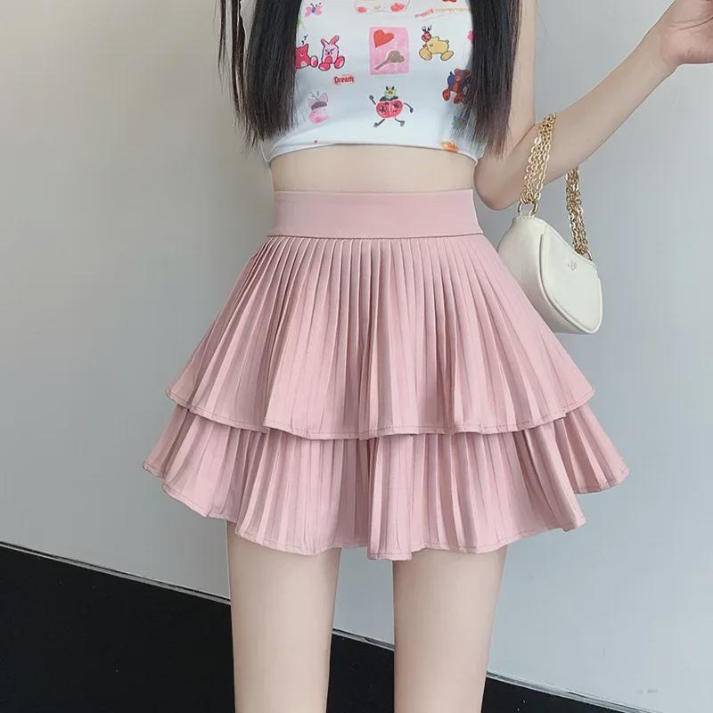 2025 Summer Korean Style Women's Petite Pleated Midi Skirt with Elastic Waist and Slimming Fluffy Design