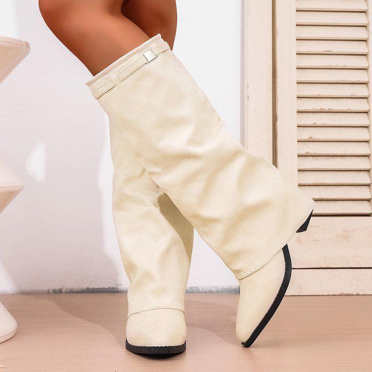 2025 Autumn British Style Ruched Knee-High Chunky Heel Fashion Boots for Women In Plus Sizes
