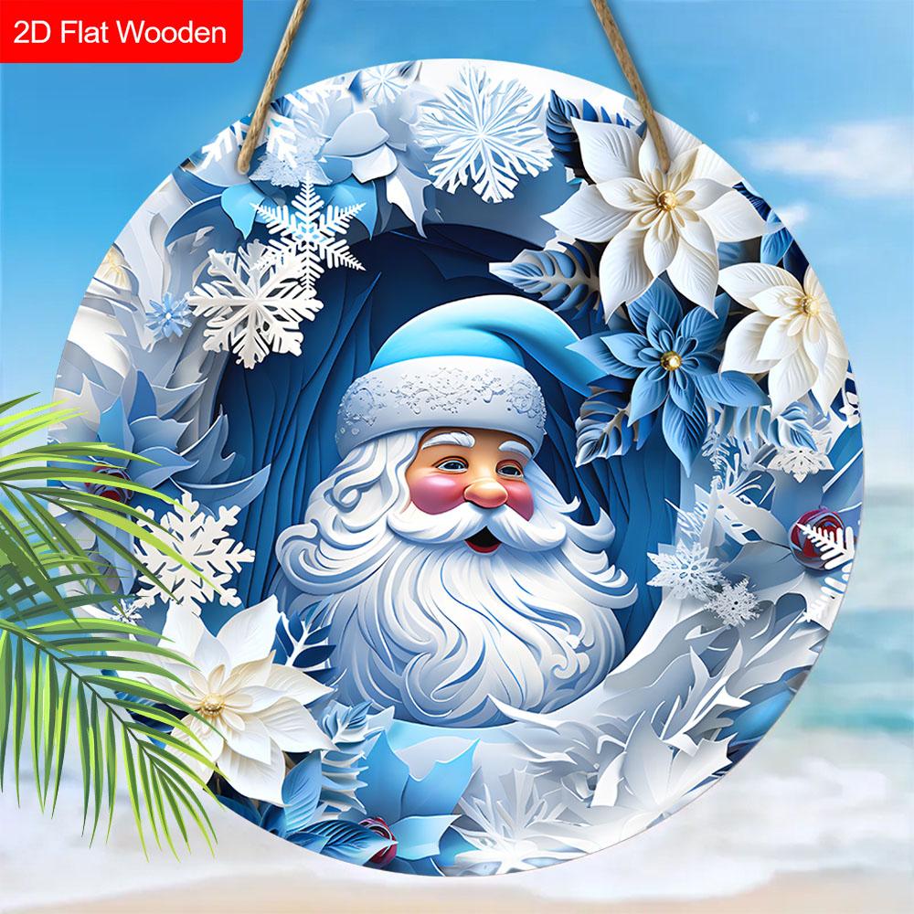 Wooden Christmas Sign with Santa Claus Pattern - Navidad Round Sign for Yard, Front Door, Wall Hanging Decor - Ideal Christmas Decoration