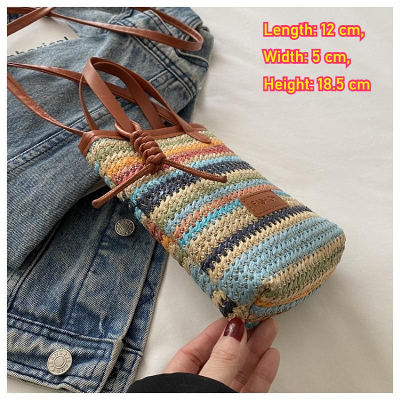 Color Striped Bucket Bag Leather Top Handle Daily Mobile Phone Purse Stripes Woven Crossbody Bag Small Luxury Small Square Bags