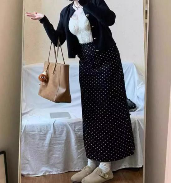 New Autumn/Winter Girls' Black Polka Dot Midi Skirt, Slimming A-line with Split, Perfect for Pear-Shaped Figures
