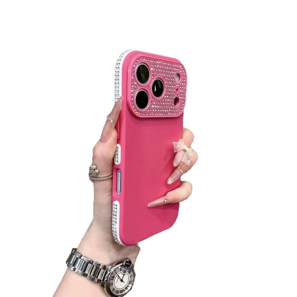 Compatible Apple 17 Pro Solid Color Rhinestone Lens Case for iPhone 16, Anti-fall Protective, Special Side Rhinestones.