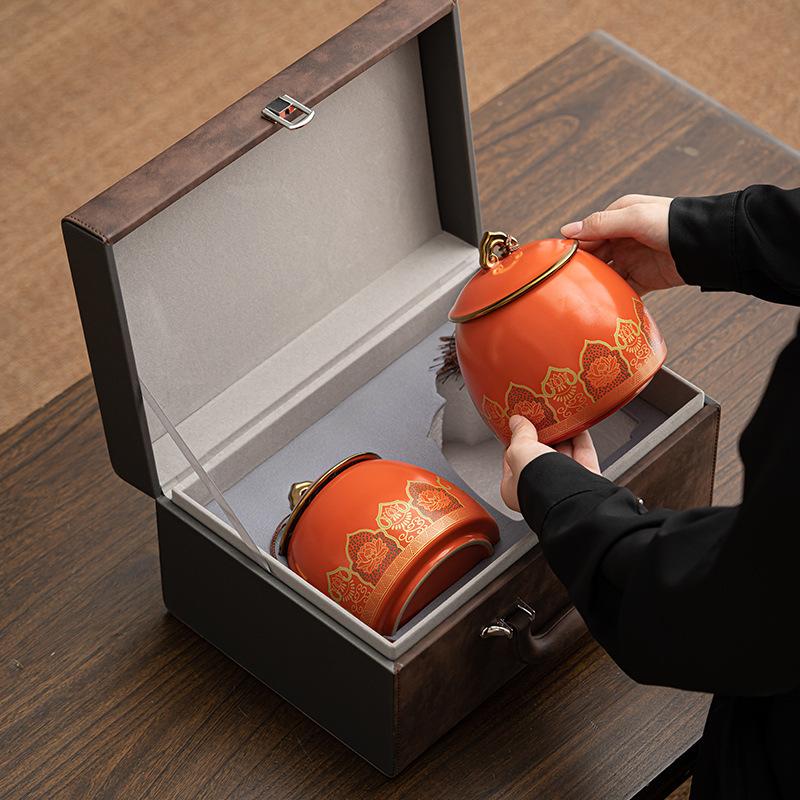 Leather box ceramic tea can black tea Pu'er tea universal sealed can tea packaging gift box business gift white tea