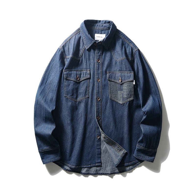 American Retro Pure Cotton Workwear Denim Shirt Men s Long-Sleeved Spring and Autumn Jacket Export Casual Cotton Shirt Dark Blue XL