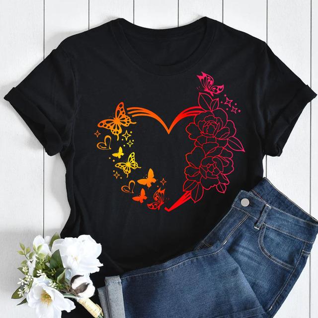 Butterfly Love Heart Print T Shirt Women Fashion Black T Shirt Female Short Sleeve Cute Graphic Tee Shirts Ladies Summer Tops