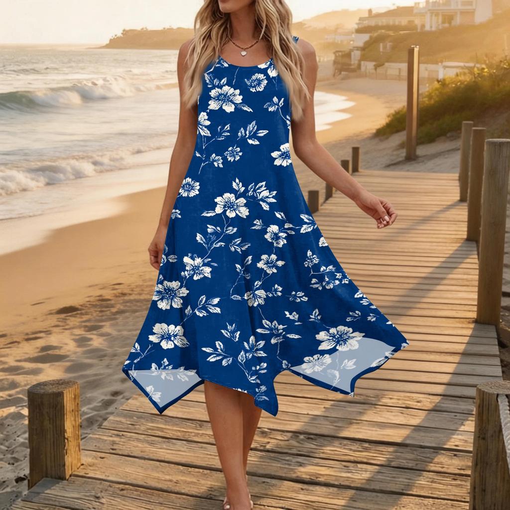 Women's Casual Sleeveless Floral Print Dress Round Neck Irregular Hem Mid-Length Summer Dress Lightweight Comfortable Fabric