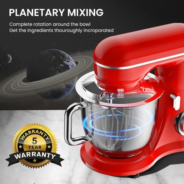 Robot pâtissier - kichot - sm-1533 - 4,5l - 1300w - 10 vitesses - acier inoxydable rouge