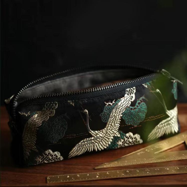 Flower Embroidered Pen Pouches Large Capacity Cotton Linen Pencil Case Zippered Closure for School Office Accessory