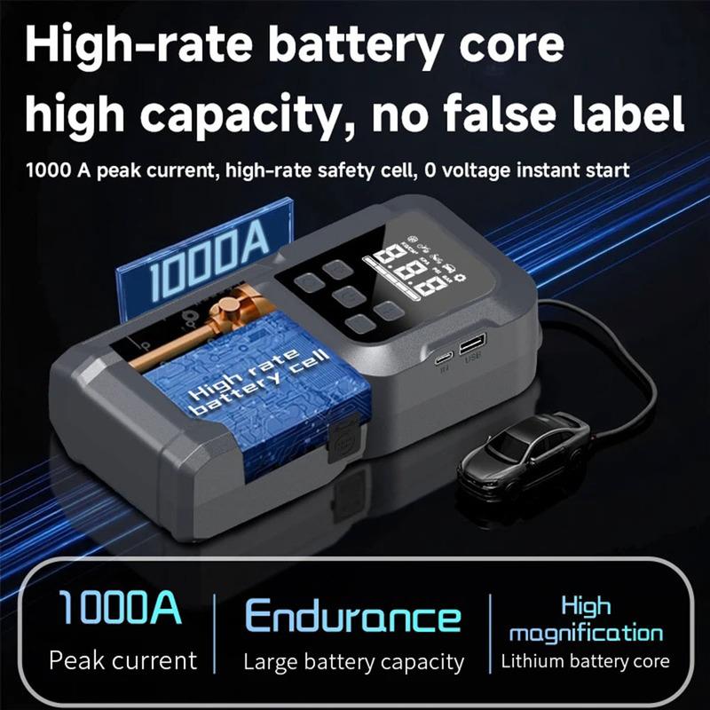 4-IN-1 Emergency Jump Starter 1000A, Car Battery Booster Power Bank with USB Quick Charge & LED Flashlight Auto Kit.