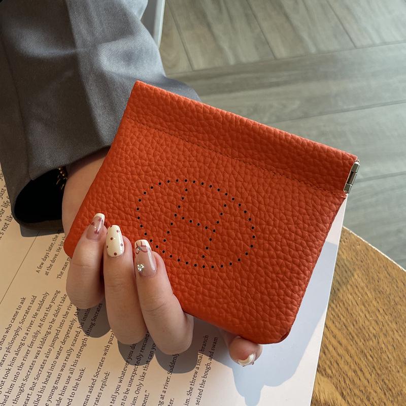 

Women s Genuine Leather Coin Purse & Card Holder - Togo Cowhide with Hollow Design, Car Key & Lipstick Storage, Mini Exquisite ID Case. помаранчевий