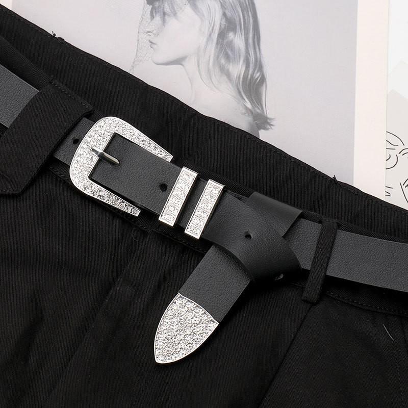 Womens Black PU Leather Belt With Rhinestone Decor Alloy Buckle Y2K Chic Waist Accessory Jeans Casual Office Wear