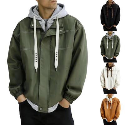 Mens Fake Two Pieces Windbreaker Spring And Fall Color Block Coat Lightweight Jacket With Hood