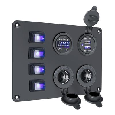 4 Gang Rocker Switch Panel 3.1A Dual USB Car Charger Power Socket Power Outlet LED Voltmeter for Marine RV Truck