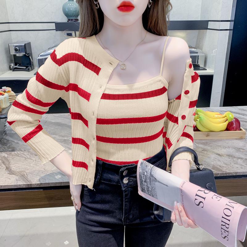 2023 French Chic Women s Striped Knit Two-Piece Cardigan and Camisole Set XL