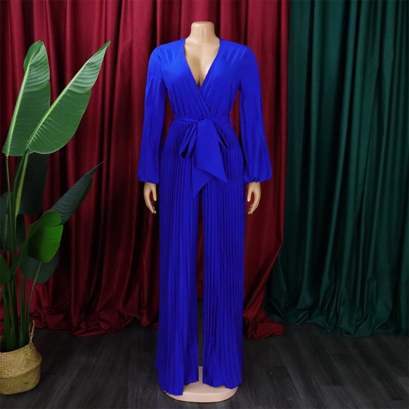 Chic and Comfortable European and American Style V-neck Tie-back Pressed Pleated Plus Size Jumpsuit for Women In Summer
