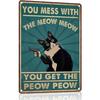 Funny Cat Metal Wall Decor  Vintage Funny Black and White Cat with Gun  Retro Teal  Golden Accent  You Mess with The Meow