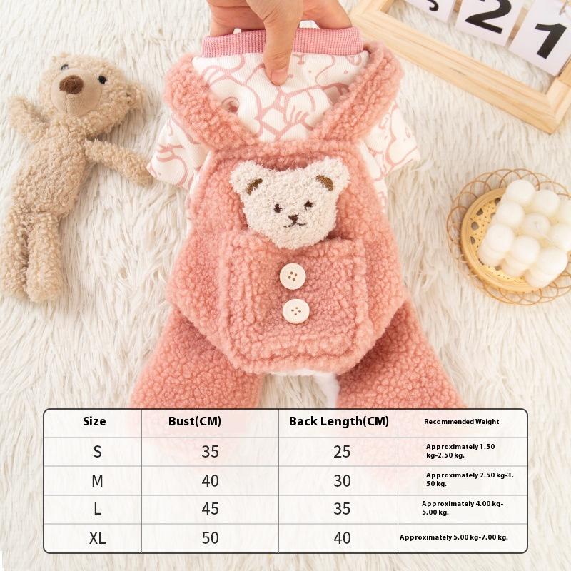 Winter Thickened Sherpa Overalls for Small Pets Dog Cat Double-Layered Thermal Coat with Bear Pocket Puppy Clothes