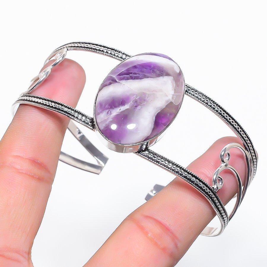 Natural Chevron Amethyst Gemstone 925 Sterling Silver Cuff Bangle Adj l9t00