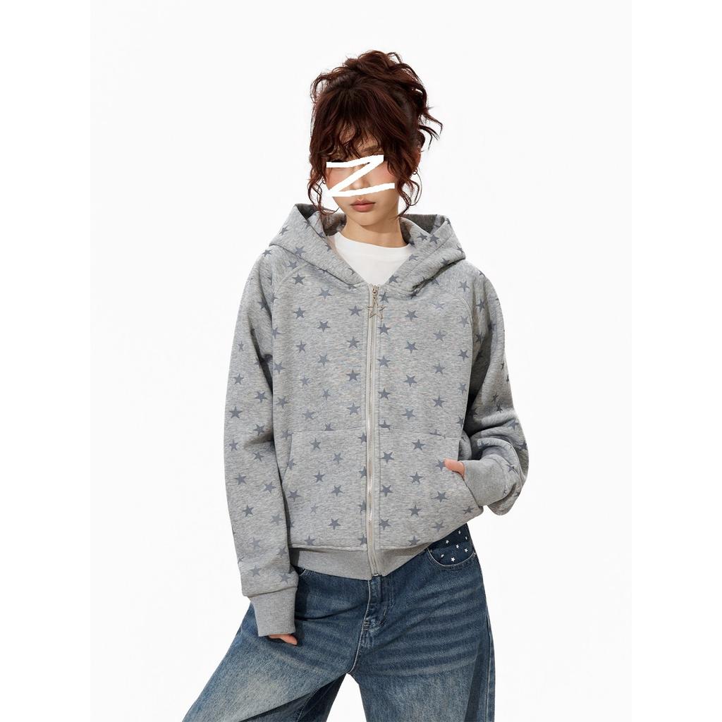 Grey Star-printed Hooded Cardigan Sweater Men's and Women's Autumn Loose and Versatile Design Zipper Casual Jacket