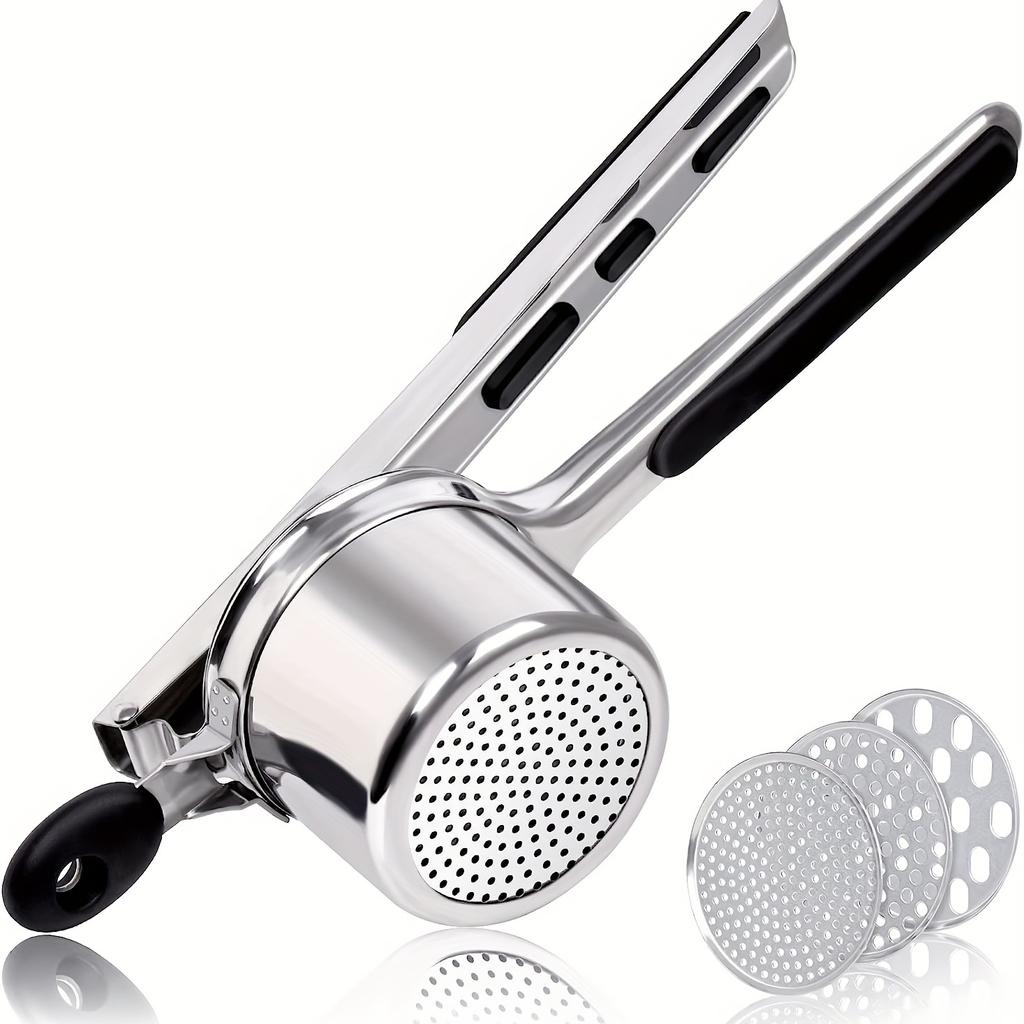 Stainless steel potato masher with silicone handle, potato press, potato purer, with interchangeable mesh