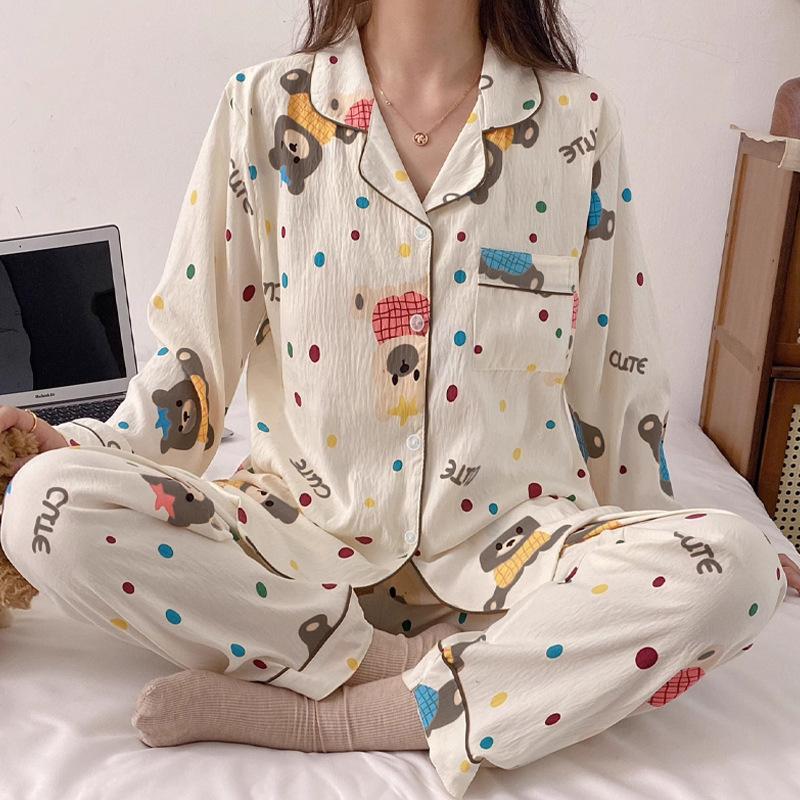 Polka Dot Bear Cloud Cotton Pajamas Cute Long Sleeves Trousers Homewear Women S Suit M