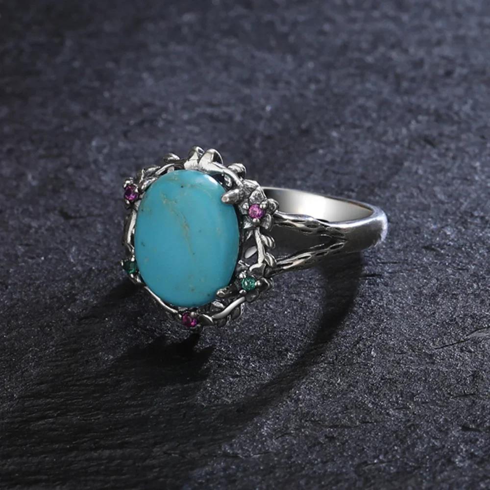 Vintage Botanical Turquoise Ring, 9x11MM Natural Stone and Zirconia Set In Engraved Floral CopperBand for Women