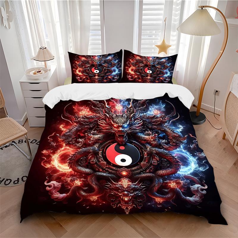 3pcs Fire and Ice Yin Yang Dragons Bedding Set - Includes Quilt Cover and Pillowcases, Suitable for All Seasons,