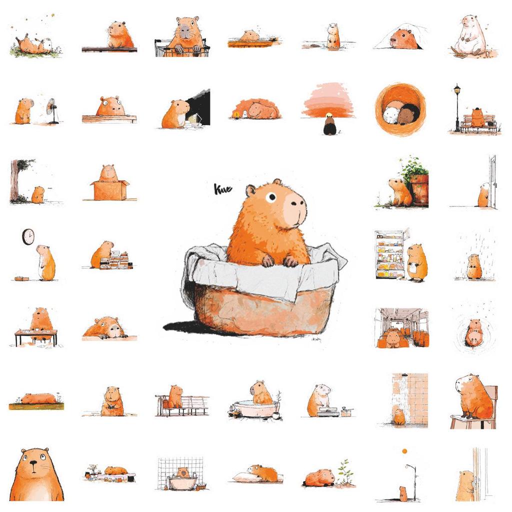 50 Healing Hand-painted Capybara Sticker Sheets: Cute Cartoon Decorations for Journals and Notebooks