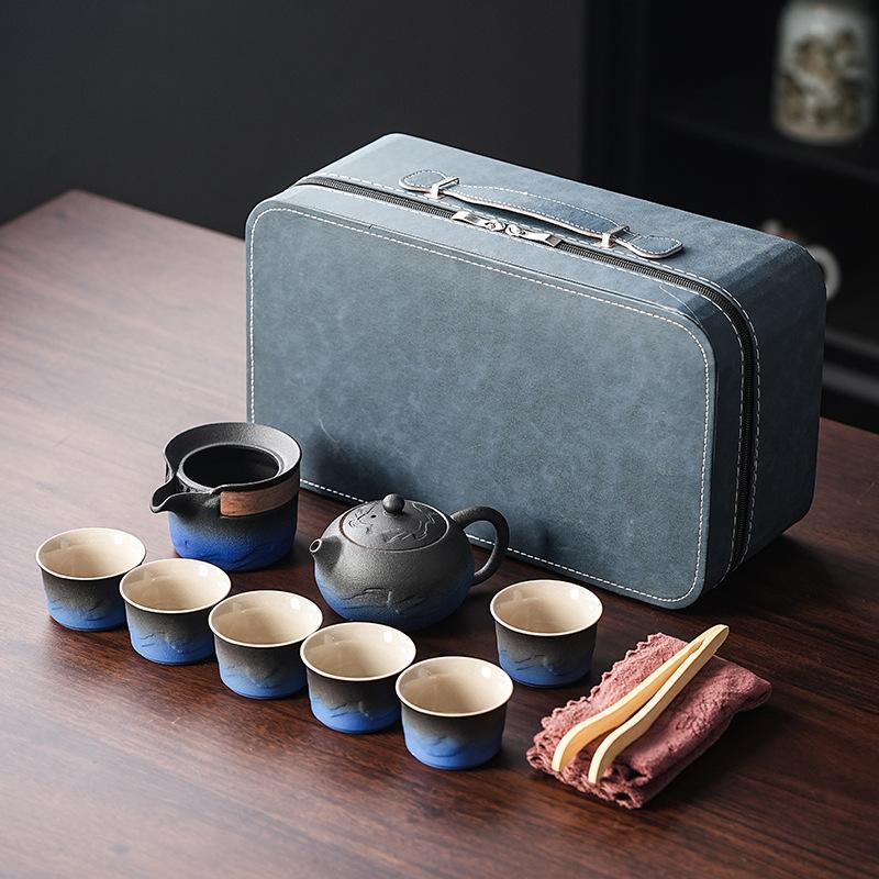 Household simple coarse pottery gradual change tea opening gift business portable tea set high-end business gift