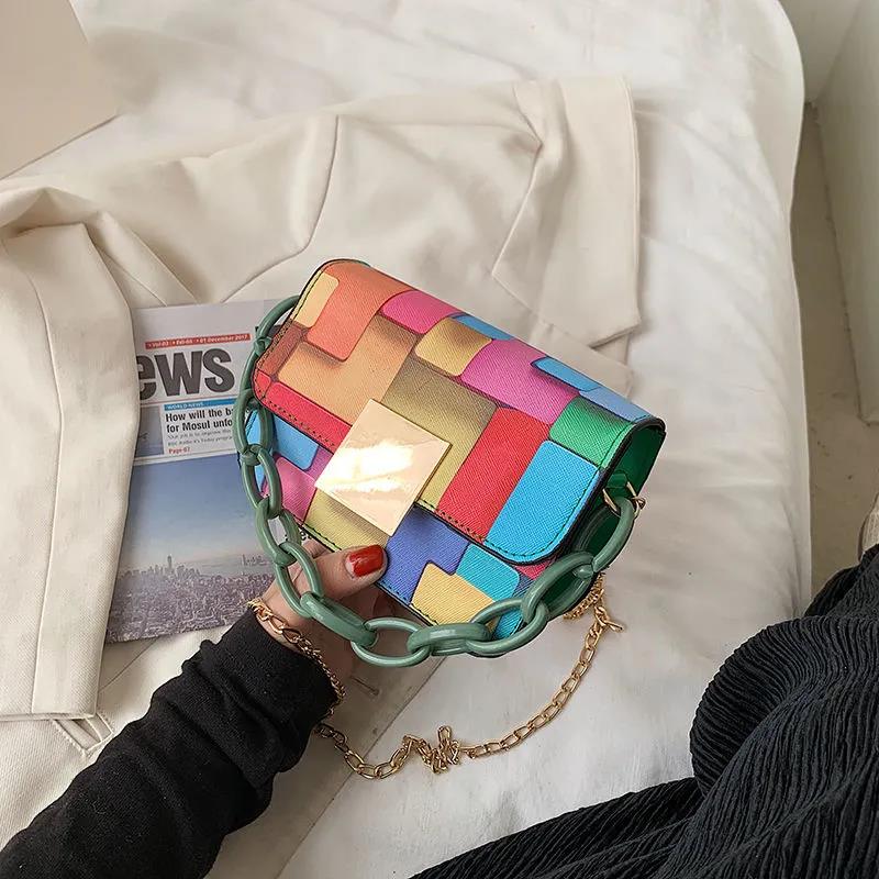 Women's Vintage Portable HandBag Versatile Single Shoulder Slant Across Bag Female Contrast Color Small Square Chain Bag