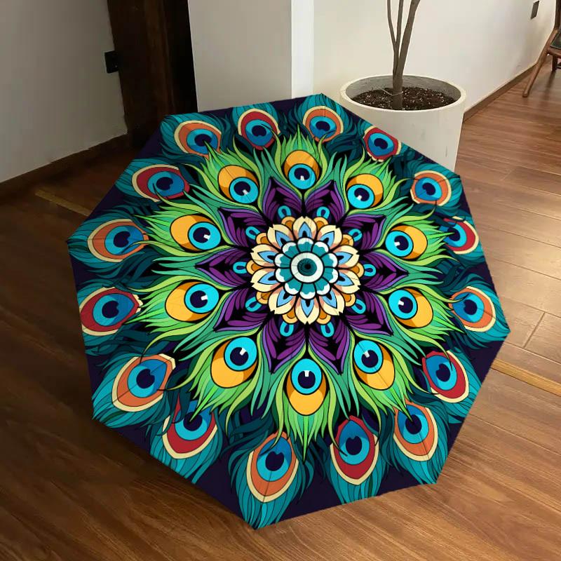 1pc Peacock Feather Mandala Design Umbrella with Plastic Handle,Suitable for All Seasons Home Travel Outdoor UmbrellaDD1082